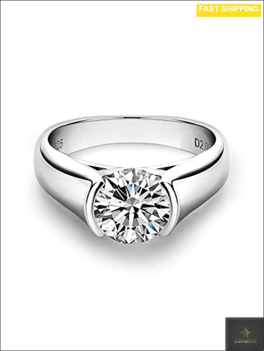 Platinum Plated Silver Moissanite Engagement Ring Half Bezel Solitaire